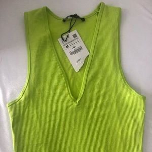 Neon Green Zara Ribbed V-Neck Crop Top